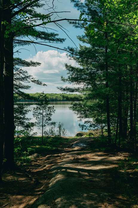 Peaceful Irish lake with wooden jetty and anglers preparing their tackle on the bank.